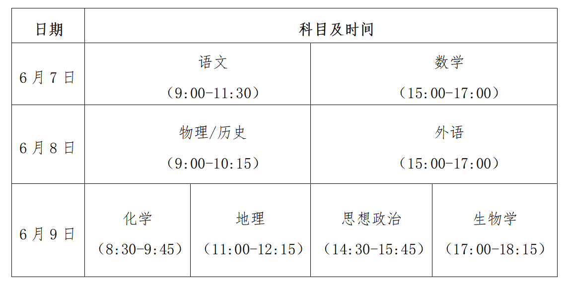 2025年贵州高考各科目考试时间及顺序安排